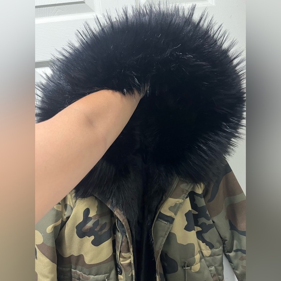 Black Faux Fur Trim Hood Army Camouflage Coat - Picture 12 of 14